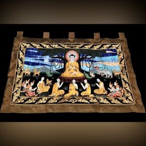 Large Buddha Tapestry with Gold and Blue Accents
